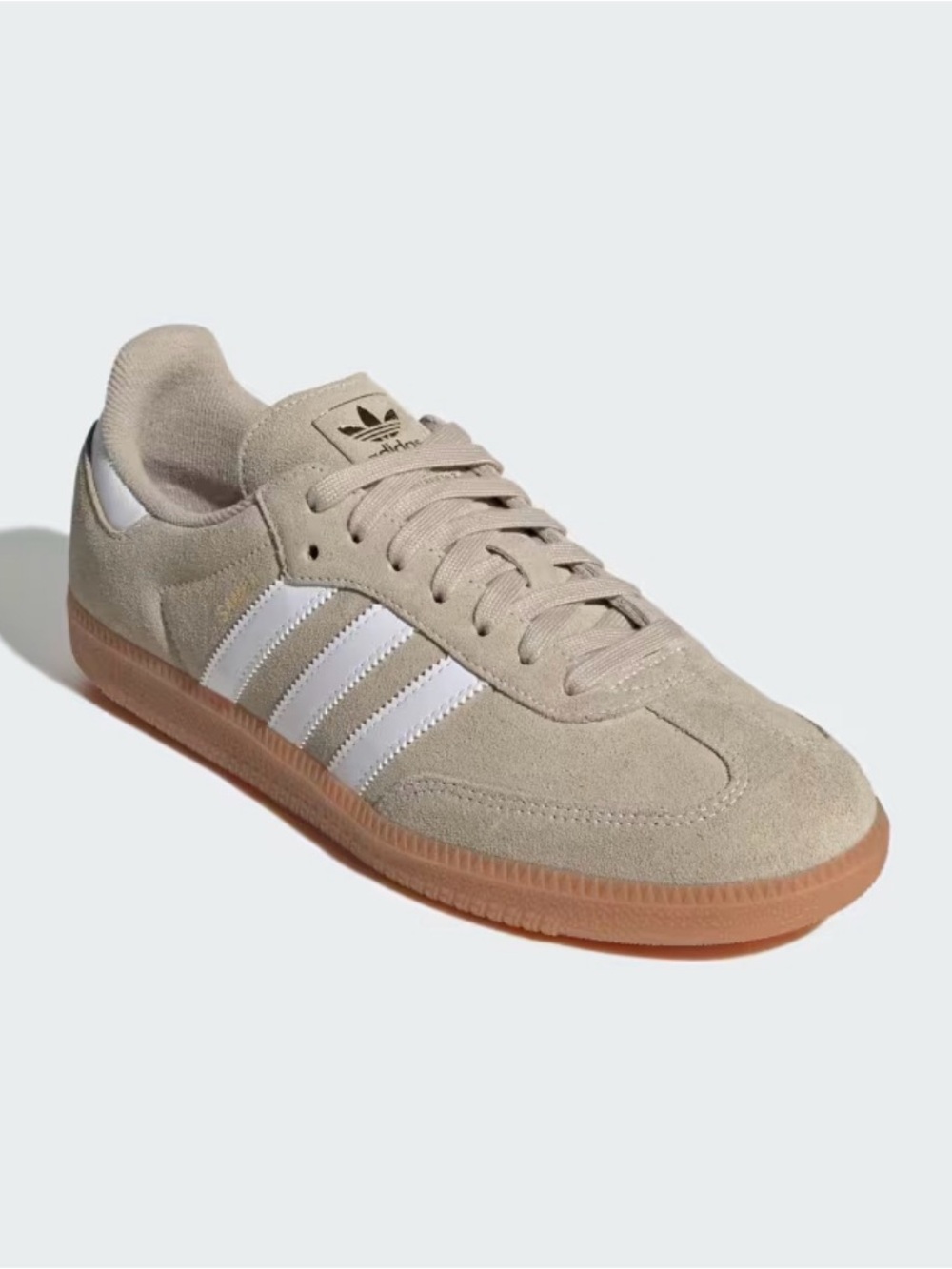 adidas Beige Suede Sneakers with White Stripes and Gum Sole
